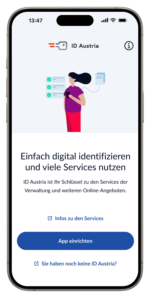 Smartphone-Bildschirm zeigt geöffnete App „ID Austria“ mit Button „App einrichten“