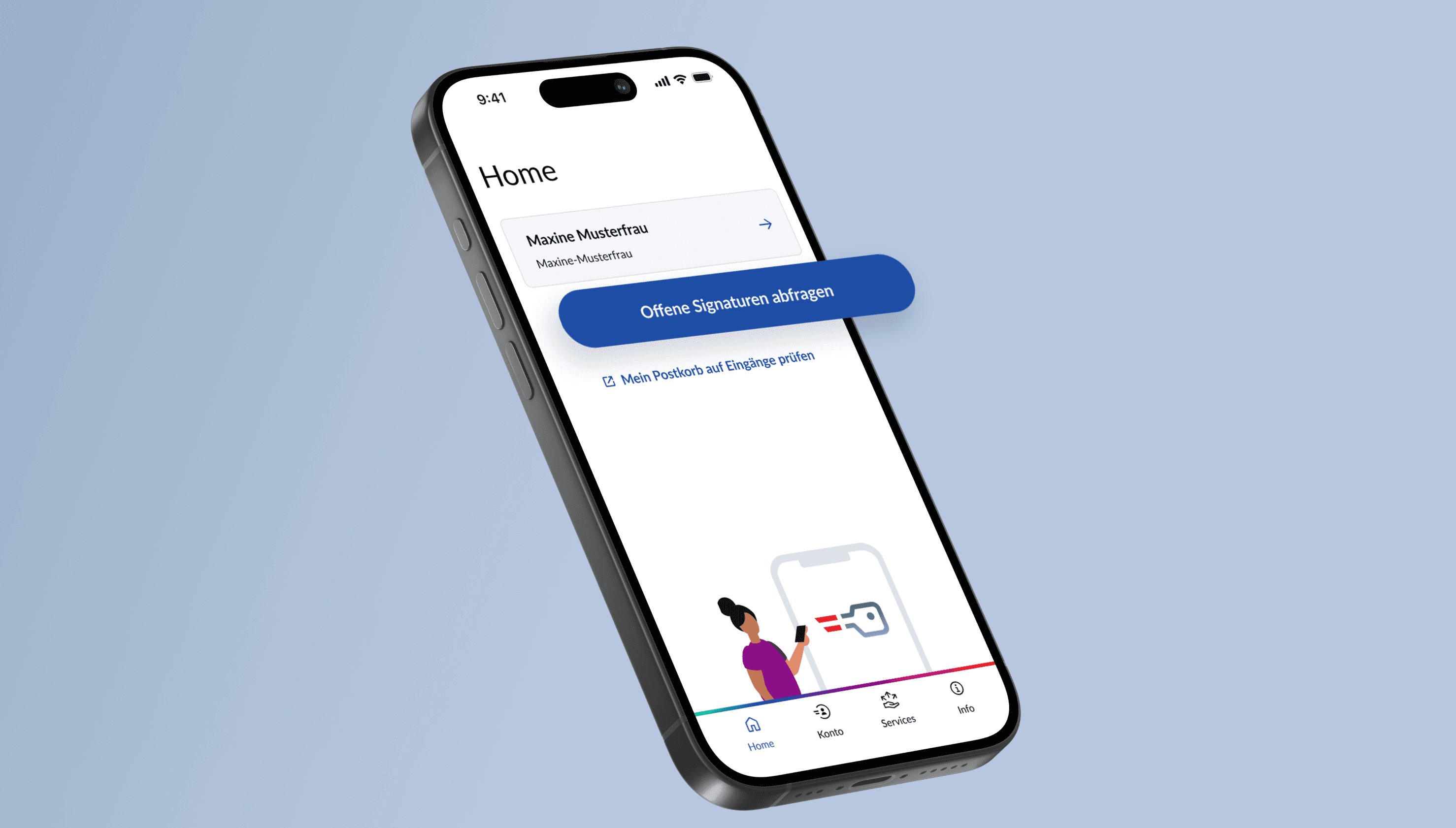 Abbildung eines Smartphones mit der geöffneten App „ID Austria“. Der Button „Offene Signaturen abfragen“ ist hervorgehoben.